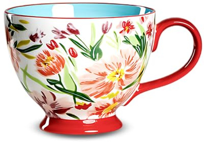 Keramik Tasse mit Handbemalt Blumenmuster, Groß Farbige Kaffeetasse 450ml, Porzellan Tasse Kaffee Becher für Capuccino, Milch, Kaffee, Tee, Süßes Geschenk (E)