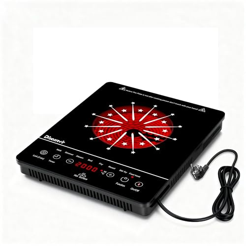 Disaenvir Plaque Vitrocéramique 1 Feux avec Prise, Plaque de Cuisson Électrique Portable 2000W, Minuterie, Verrouillage Enfants, Température Maximale 650 °C, 220V Glaskeramikkochfeld 1 Platte