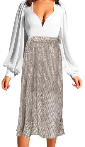 Paljettkjol för kvinnor, midikjol damer festival enfärgad damkjol låg midja paljettkjol karneval och jul tyllkjol fest elegant glitterkjol festliga kjolar, Beige, 3XL