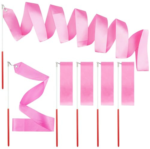 SaktopDeco Dance Ribbons Pink Rhythmic Gymnastics Ribbon Silk Dance Streamers Wands for Twirling Baton Artistic Dancing Stick, 6 Pack