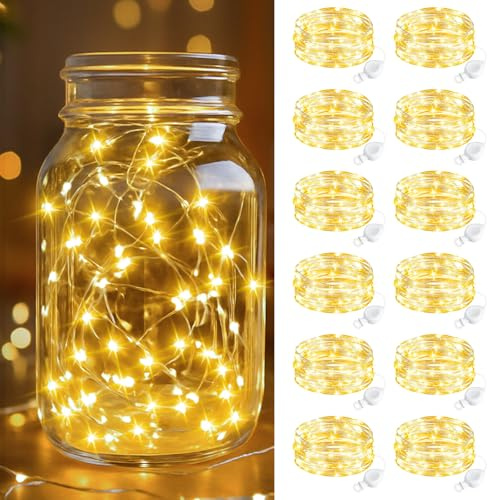 btfarm 12 Pack Fairy Lights Battery Operated, 2M 20 LED Small String Lights | IP65 Waterproof Silver Wire, Mini Christmas Lights Battery Powered for DIY Crafts Jars Party Wedding Home Decor, Warm White