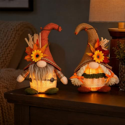 XEERUN 2 stycken höstdekoration tomte, höstdekoration tomtefigurer med lönnblad solros, höstdekoration plysch älva dockor för hem skördefest vardagsrum höstdekoration inomhus, trädbord (C)