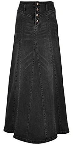 CHARTOU Women's Retro Exposure Button-Fly Packaged Hip A-Line Maxi Long Denim Skirt (Small, Black)