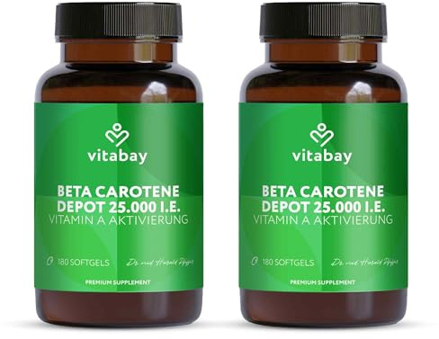 Vitabay Beta Carotin Depot Bräunungskapseln - 360 VEGANE SOFTGELS (2er Set) mit 25000 I.E - Vorstufe von Vitamin A hochdosiert Kapseln Bräune Karottensaft Karotin