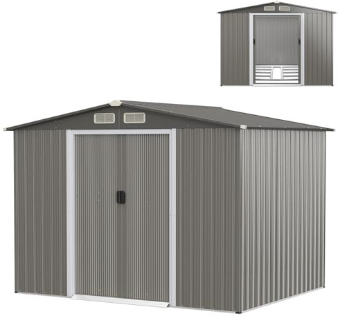 RELAX4LIFE Gerätehaus Metall, Gartenhaus mit Fundament & Satteldach, Geräteschuppen mit 2 Schiebetüren & 4 Lüftungsfenstern, Garten Schuppen Outdoor, 260 x 207 x 181 cm (Dunkelgrau)