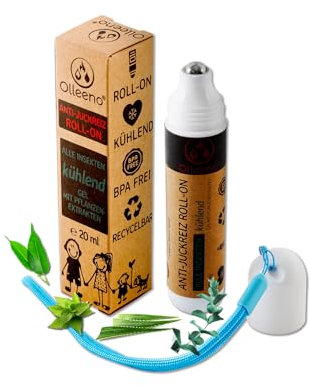 OLLEENO Kühl Roll-on Natürlicher After Bite Gel Stift (20 ML) mit ätherischen Ölen, zur Beruhigung von Insektenstichen, gereizter und juckender Haut, Zecken, Bremsen, Wespen, Brennnesseln, und Quallen