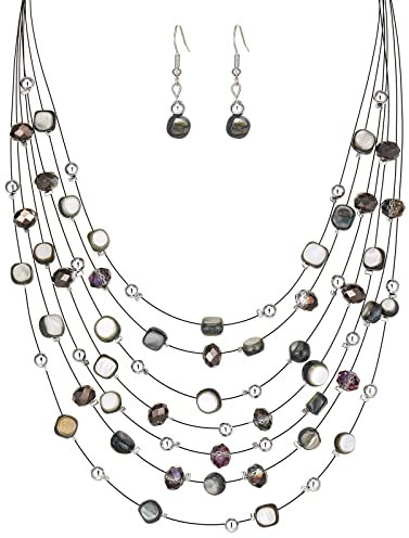 FULU AUTUMN Boho Mehrschichtige Perlenkette Damen Perlen Statement Kette und Ohrringe Set Modeschmuck für Mütter Frau Oma Mode Geschenke(Black)