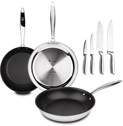 MasterPRO Argent 3 - Pfannen- und Messerset - Drei Hochleistungs-Edelstahlpfannen 28, 24 und 20 cm - Set mit 4 Edelstahlmessern, mattierte Oberfläche und sicherer Griff