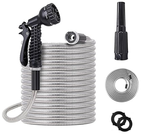 75ft Metal Garden Hose Stainless Steel Heavy Duty Water Hose with 2 Nozzles, No Tangle and Kink, Lightweight & Flexible, Tough and Pet Proof, Metal Garden Hose for Yard, RV, Garden, Outdoor