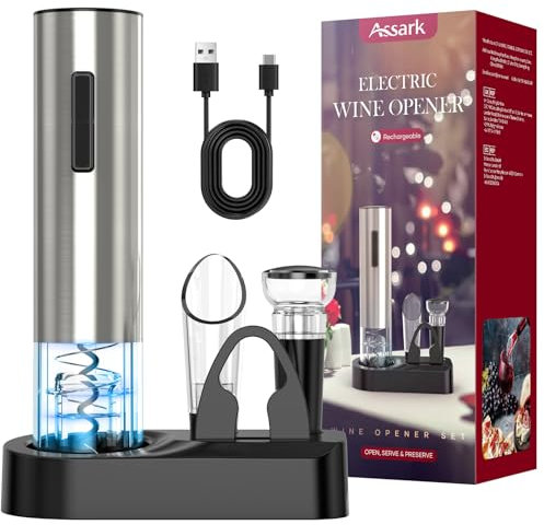 Electric Wine Opener,Rechargeable Automatic Wine Opener Corkscrew Opener Set With Wine Stopper, Foil Cutter, Wine Aerator,Storage Base & USB-C Cable Christmas Gifts for Wine Lovers