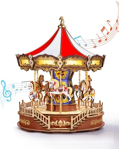 Rolife Puzzle 3D in Legno Carousel Classico Scatola Musicale in Legno con Luci e Musica Classica Kit di Modelli per Adulti da Costruire Decorazione per la Casa Regalo