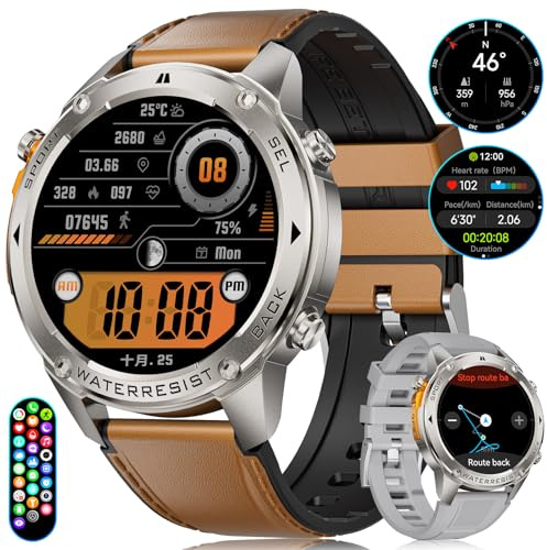 ESFOE Militär smartwatch för män med GPS, vattentät 5 ATM och IP69K, 1,43 tum AMOLED smartklocka för män med Bluetooth-samtal Livslängd 45 dagar, kompass, tryck, 170 lägen fitness tracker läder