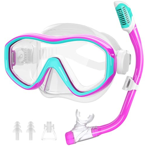 Kids Mask Snorkel Set for Age 5-15,Dry Top Snorkeling Gear for Kids Boys Girls Junior & Youth, Tempered Glass Snorkel Mask with Fins for Swimming Snorkeling (Purple, One Size)