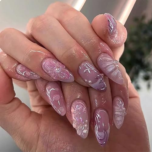 GlamRays Lot de 24 faux ongles à effet 3D, faits à la main, en acrylique, avec breloques, motifs de fleurs nacrées rose en acrylique, très mignons, en forme d’amande de taille moyenne