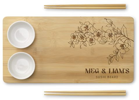 eBuyGB Personalised Sushi Gift Set, Sushi Board, Chopsticks & Dip Dishes, Couples Gift Sushi Plate, Japanese Blossom Sushi Cuisine Serving Tray