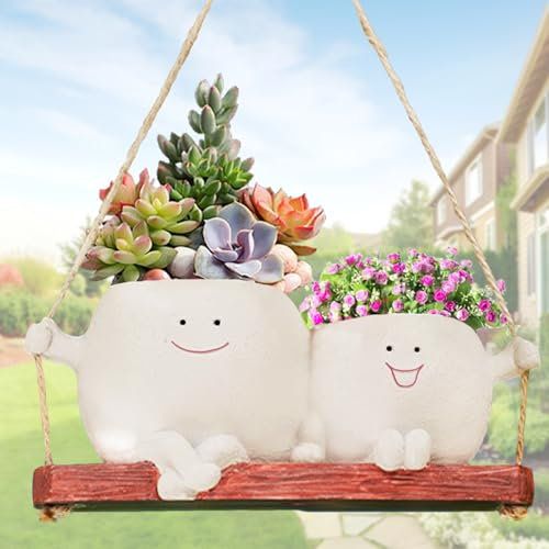 AUNGCSHE Pot Suspendu Plante Interieur, Pot De Fleurs en Résine avec Visage Sourire Et Balançoire, Pot de Fleur Interieur, pour l'extérieur et l'intérieur, Décoration de Jardin
