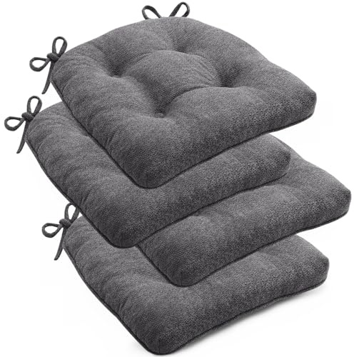 anfutek Chair Cushions Set of 4 for Dining Chairs, 16.5x15.5 Kitchen Chair Pads with Memory Foam, Non-Slip Bottom & Ties, Tufted Indoor Seat Cushions for Home Use – Dark Grey