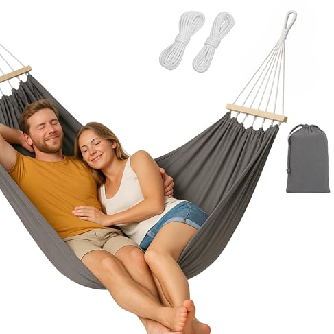 Hamacas Jardín - Hamaca Extra Grande de algodón Que Incluye Cuerdas- Hamaca Colgante para Jardín, Patio, Camping, Exteriores o Interiores, soporta hasta 200kg, Medida 150x280cm (Gris, XX-Large)