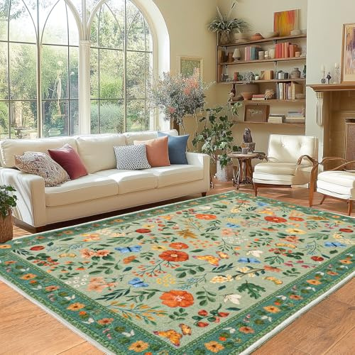 MAST DOO Teppich Wohnzimmer 160x230cm, Boho Kurzflor Teppich Waschbarer, Schlafzimmer Wohnzimmer Teppiche Großer Waschbar rutschfest Blumen Design für Esszimmer Büro Bereich Dekor, Grüne