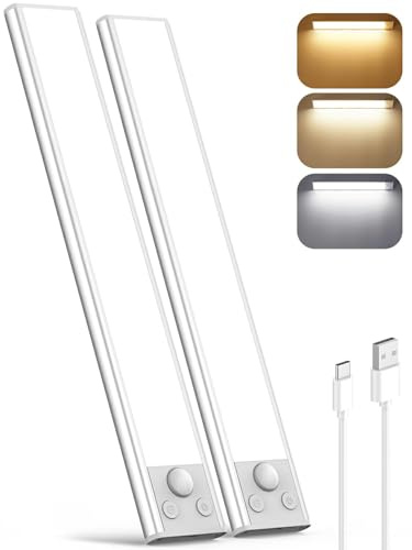 Under Cabinet Kitchen Lights LED, 3200mAh Rechargeable Motion Sensor Lights Indoor, 3 Color Wardrobe Light, Wireless Magnetic USB Powered Strip Stick on Light for Shelf Stairs Counter, 35CM/2 Pack