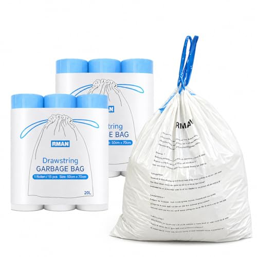 RMAN® Sacchetti Spazzatura, 90 Pezzi Sacchi Spazzatura con Manici per Casa e ufficio 6 Rotoli Sacchetti Umido Durevole, Resistente Agli Strappi, 50 * 70cm, 20-30L