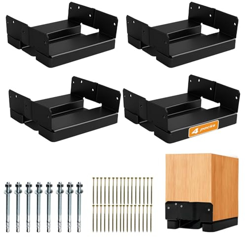 8x8 Post Base for Concrete Heavy Duty Black E-Coated 8x8 Post Bracket Anchor Adjustable Base with 1 Standoff for Deck Pergola Patio Gazebo Porch (Included Screws) 4 Packs