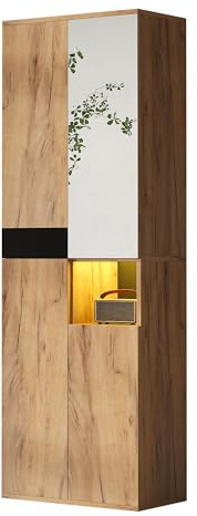 Senmate Armadio Alto con Specchio Pieno Figura, 4 Ante, 12 Scomparti, con Vano Aperto, per Camera da Letto e Ingresso, Design Moderno, Nero e Naturale, 65x35x190 cm