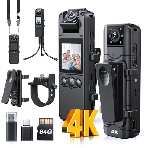BOBLOV Mini Body Camera 4K 64GB with Rotation Lens, Small Bodycams with Night Vision, 6 Hrs Video Recording, Personal Body Worn Cam for Service (A27-4K with 64GB TF Card)