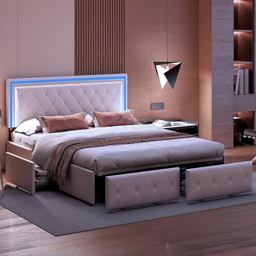 WSOFZMO stoppad säng 160x200 med förvaringsutrymme, dubbelsäng 160x200 med ribbotten, boxspringsäng ungdomssäng, sängar med 4 lådor, PU, utan madrass (Stil2, 160 * 200)