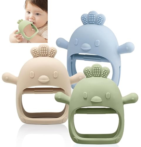 Tandvantar för bebisar (3-pack) – silikonleksak för kycklingens tandsprickning i 0-6 månader | anti-fall handledsdesign | sensorisk handbitring för lugnande tandkött | oliv, beige och blå