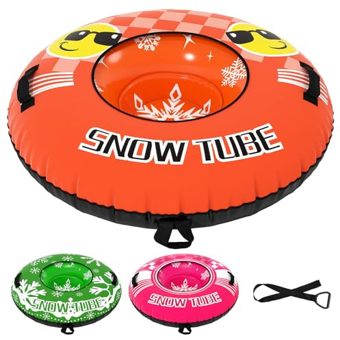 COSTWAY 42”/52 Inflatable Snow Tube, Heavy-Duty Sled Ski Tube with Handles, Premium Oxford Cover and Tow Strap, Outdoor Snow Sledge Fun Toys for Kids & Adults (Orange, 42)