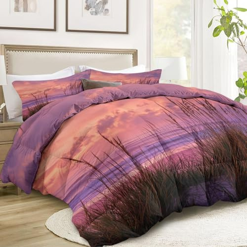Täcke 4 säsonger 200 x 220, gräs strand soluppgång rosa naturligt landskap täcke utan överdrag tvättbart täcke för 1/2 personer - mjuk bekväm andningsbar filt rosa vändbar filt