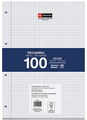 Miquelrius – Nachfüllblock, 100 karierte Blätter 4x4 mm mit Rand, Opakes Papier 90 g/m², A4 Ersatzblätter gelocht für Ringordner, Schulbedarf für den Schulanfang