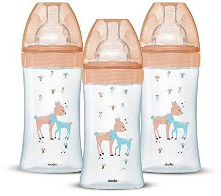Dodie Lot de 3 Biberons Anti-Colique Sensation+ en verre, 270mL,0-6 Mois, tétine plate, Débit 2