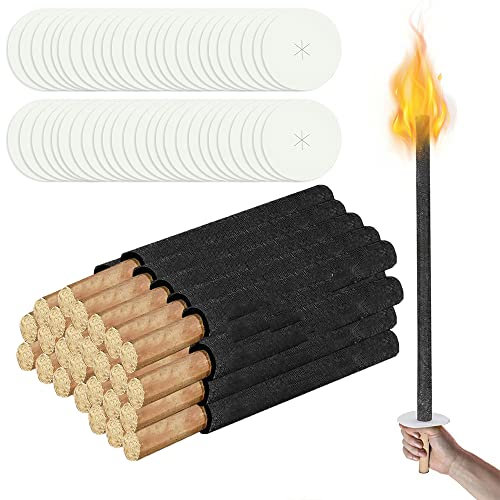 Izrielar 50 pièces Torches en cire Durée de combustion 100 min, torches d'extérieur en cire naturelle, avec protège-main et long manche, pour enfants Jardin extérieur Feu de camp Randonnée