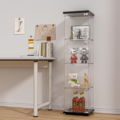 FANYUSHOW Glass Display Cabinet with Door and Lock, Quick-Install Style 4-Shelf Curio Cabinet 5mm Tempered Glass Floor Standing Bookshelf for Living Room, Bedroom, 65 H x 17''L x 14''W (Black)