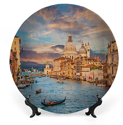 LIGUTARS Decorative Plates, Venice Print Ornament, Gondola on Famous Canal Grande with Basilica di Santa, 10 Inch, 1 Plate with 1 Display Stand, Blue Cream