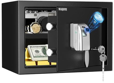 WASJOYE 25L Coffre-Fort d'Empreinte Digitale, Biométrique Armoire Coffre-Fort à Domicile avec Clés, Electronique Automatique avec Identification des Doigts pour la Maison, le Bureau, l'Hôtel
