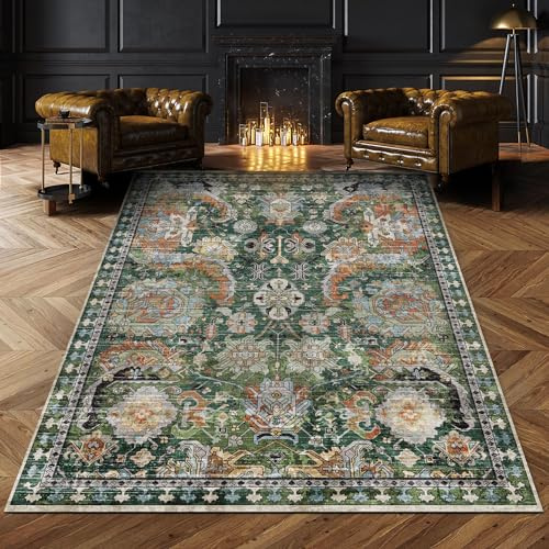 RUGSURE Washable Area Rugs - Perfect for Living Room, Bedroom, Kids Room, Nursery - Stain & Water Resistant Non-Slip, Pet & Child Friendly, Vintage Tribal Area Rugs (Green, 8' x 10')