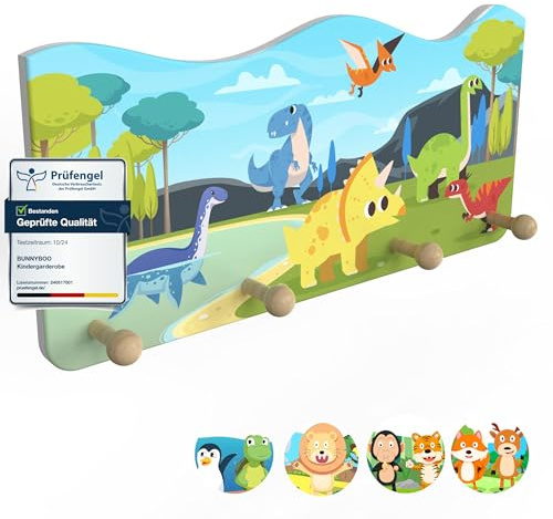 bunnyboo Kindergarderobe aus Holz - Garderobe mit 4 Kleiderhaken - kindliche Designs- wunderschöne Garderobenleiste Kinder (Dino)