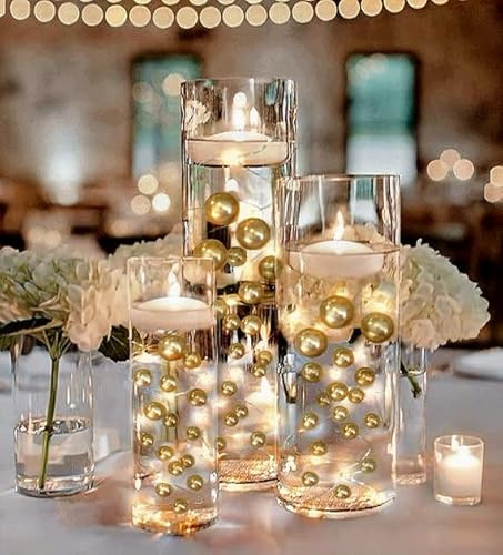 Vase Pearlfection 200 Floating Gold Pearls with Gold Sparkling Gems- Large Sizes- Fills 4 Gallons for Your Vases- with Pre-Measured Prep Bags for Best Results!