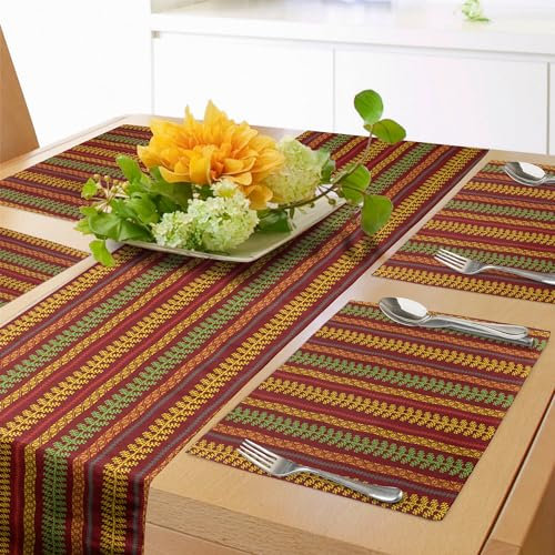 ABAKUHAUS Arabisch Tischläufer & 4 Stück Tischsets, Arabisch Orientale Asiatischer Bemalung Vertikale Linien Farb Voller Druck, Tischdeko-Set, 180 x 40 cm, Bordeauxrot Braun Gelb
