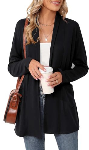 Rapbin Women's Open Front Cardigans Soft Drape Long Sleeve Cardigans Long Black Cardigan with Pockets(Black,L)