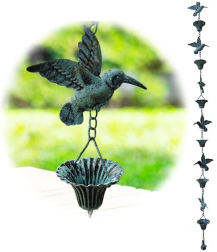 2,5 m lange Regenkette, rostfreie Metall-Kolibri-Regenkette, Outdoor-Fallrohr-Kette, Regenglocke, Regenwasser-Umlenker-Fangkette für Garten, Dachrinnen, Garten Deko Regensammelbecher (blau)