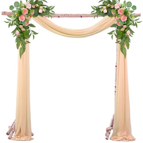 Bröllopsgardin bröllopsbåge 75 x 800 cm champagne, tvärhänge, frihandsdekoration med 22 m satinband för fotografering, fest, bröllop, målbåge, ceremoni