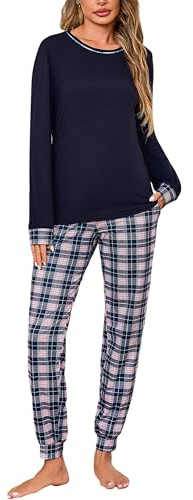 Litherday Pijama Mujer Invierno Algodón 2 Piezas Manga Larga y Pantalones | Conjunto de Pijama Mujer Ropa para Dormir Cómoda con Bolsillos y Cordón Tallas Grandes