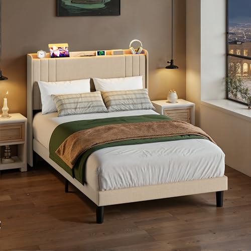 Blishom Letto imbottito con luce LED 120 x 200 cm，Piattaforma Struttura letto (2 Prese CA 2 Porte USB), Per le camere degli ospiti e le camere da letto (Beige, 120 x 200 cm)