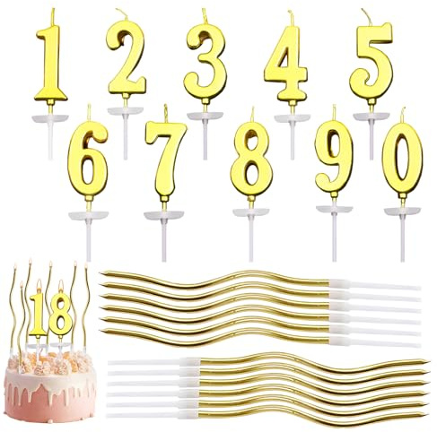 22 Piezas Doradas Velas Cumpleaños Numeros, para Bodas Fiestas y Decoración