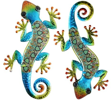 HONGLAND Metal Gecko Wall Art 2Pcs Outdoor Wall Decor 12 Inch Lizard Metal Hanging Wall Decoration Glass Sculpture for Garden Yard Patio Fence Home (Boho Green)