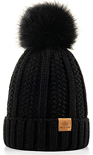 PAGE ONE Womens Winter Thick Cable Knit Beanie Faux Fur Pom Hat Fleece Lined Skull Cap Black
